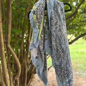 Blue, teal and green patterned scarf